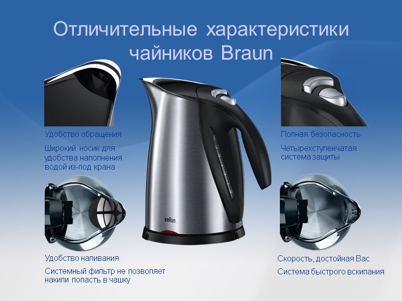 Отличительные характеристики чайников Braun  Удобство обращения   Широкий носик для удобства наполнения